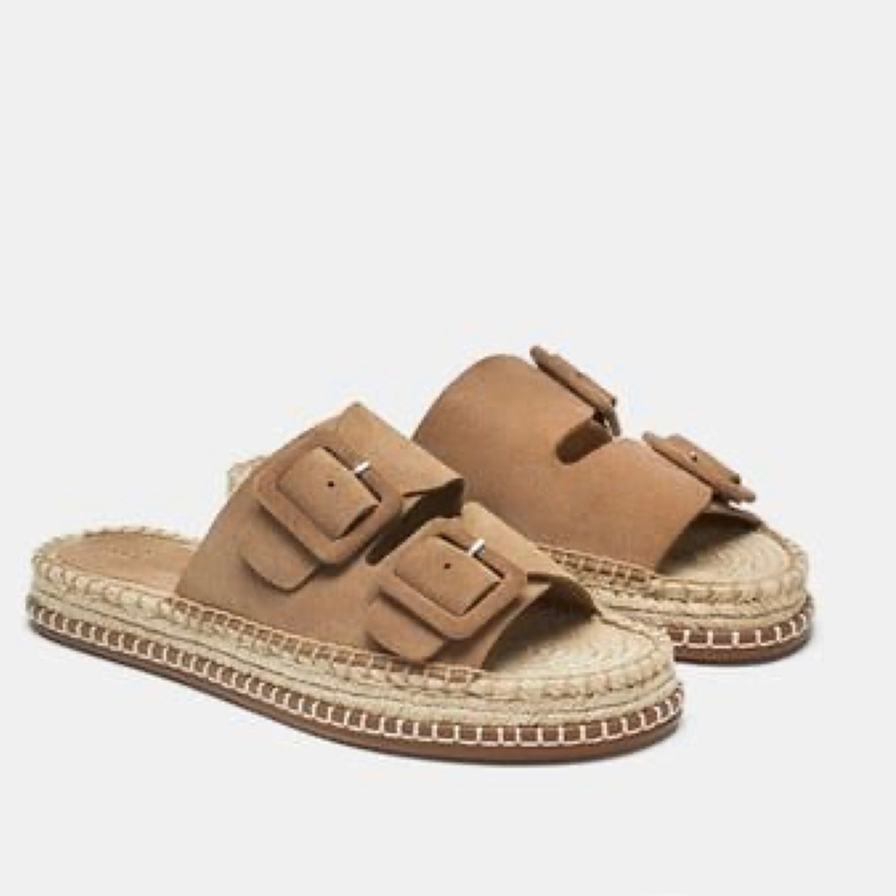 Zara Soft Leather Buckled Epadrille Slides Size 8